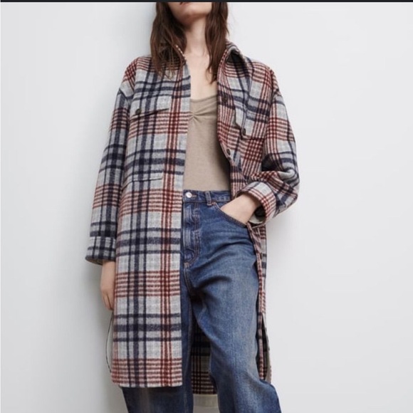 ZARA Long Plaid Overshirt Trenchcoat XS - Picture 1 of 8